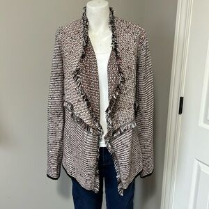 White House Black Market Double Fringe Sweater Jacket Long Sleeve Pink Purple XS